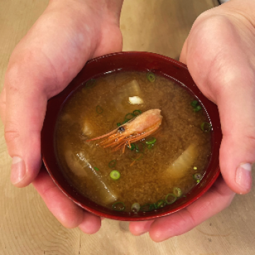 Miso soup with Nanban amaebi (sweet shrimp) 300 yen.